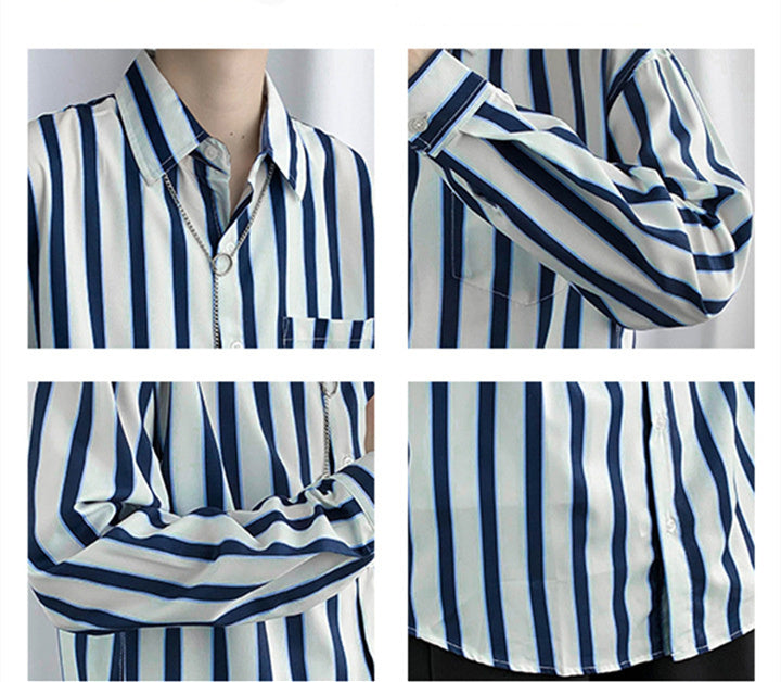 Hong Kong Style Color Block Striped Long-sleeved Shirt - KuzuSHOP