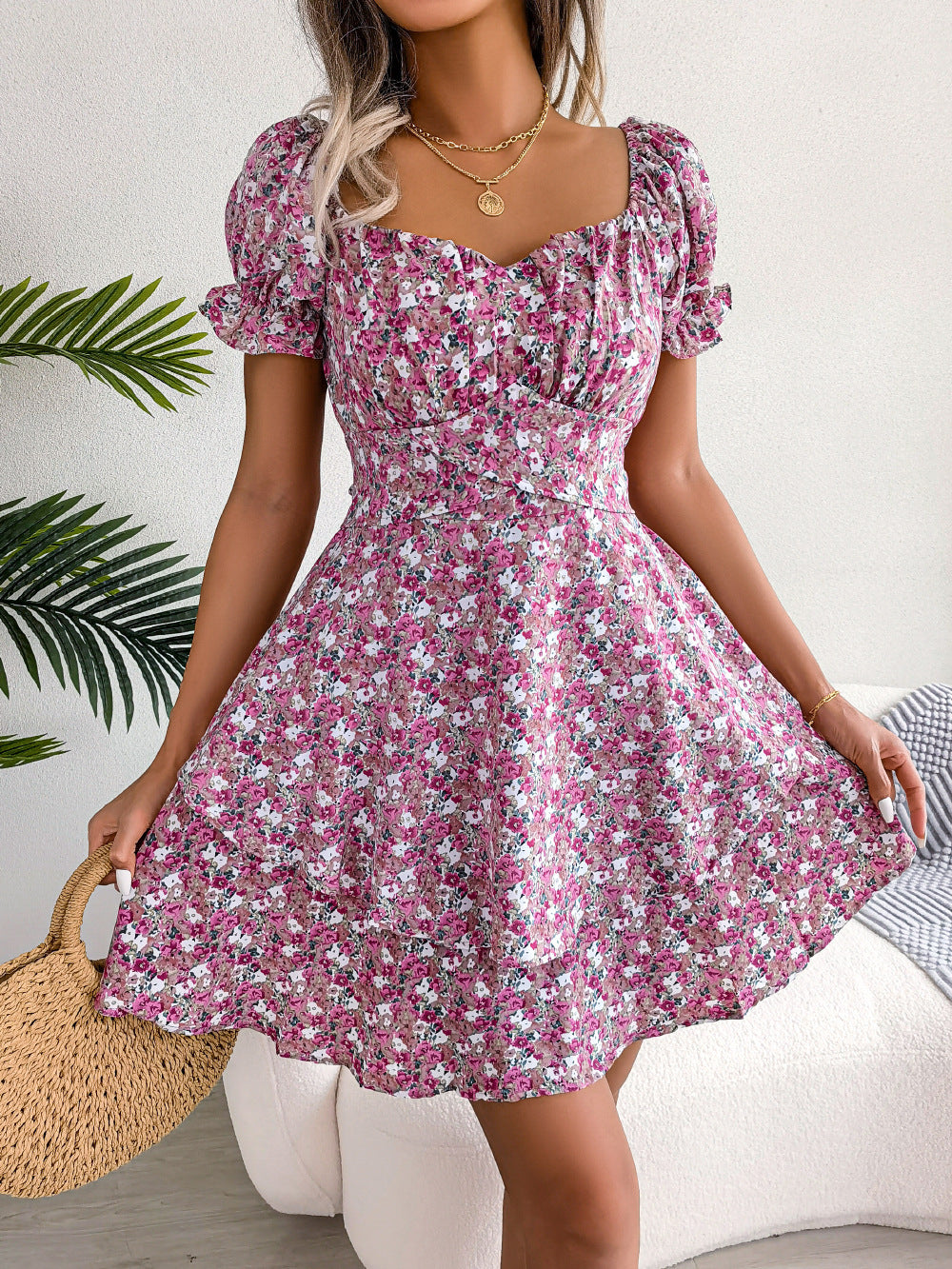 Women Mini Dress Temperament Big Swing Loose Hem Flower Print Shirring Dress Up Short Sleeves High Waist Summer Dress Clothes - KuzuSHOP