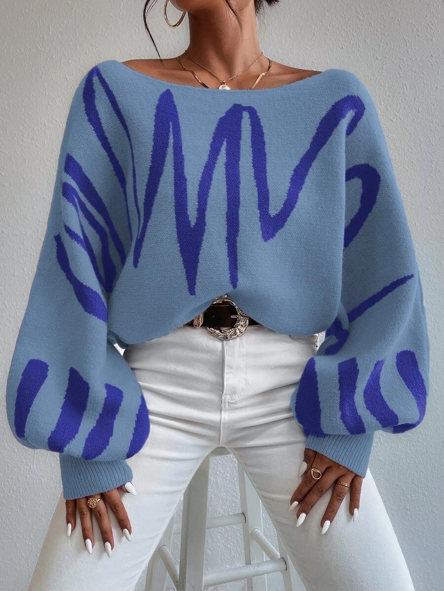 New Lantern-sleeved Pullover Sweater Fashion Line Printed Loose Tops Women's Clothing - KuzuSHOP