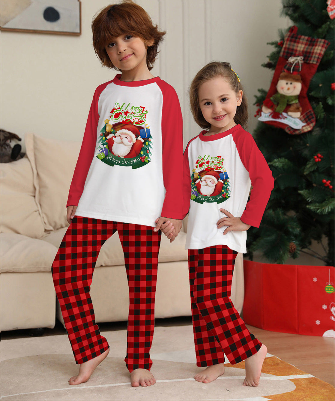 Christmas Parent-Child Clothes Set Long Sleeve T-Shirt Plaid Pants Family Matching Pajamas - KuzuSHOP