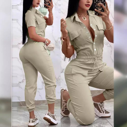 Casual Multi-pocket Waist Elastic Cargo Overalls - KuzuSHOP