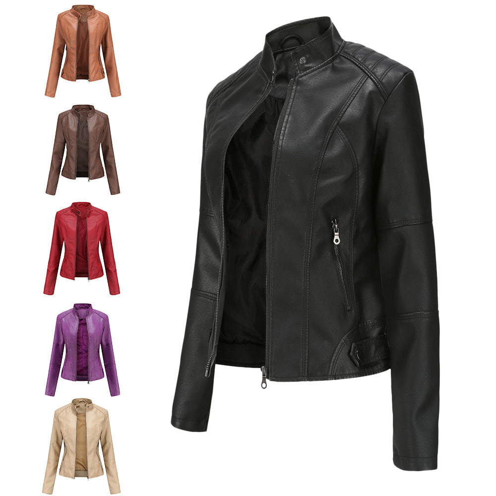 Biker Oversized Stand Collar Leather Jacket - KuzuSHOP