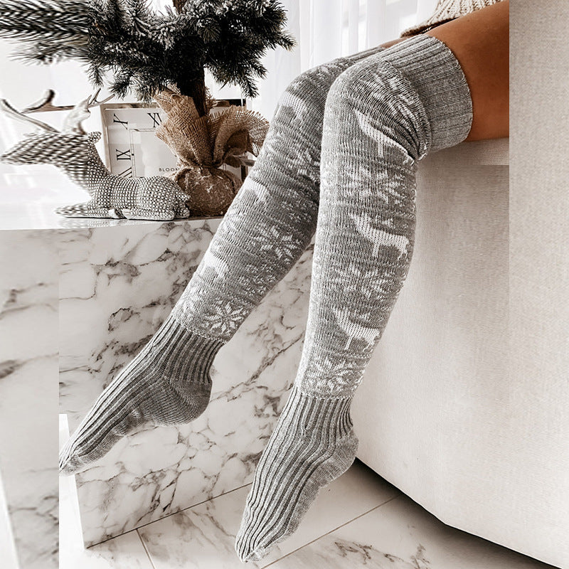 Winter Christmas Warm Knitted Women Stocking Beautiful Elk Snowflake Jacquard Over-the-knee Casual Long Socks For Ladies Gifts Free Size - KuzuSHOP