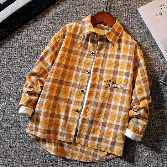 Boys' Long-sleeved Plaid Shirt Casual Trendy And Handsome - KuzuSHOP