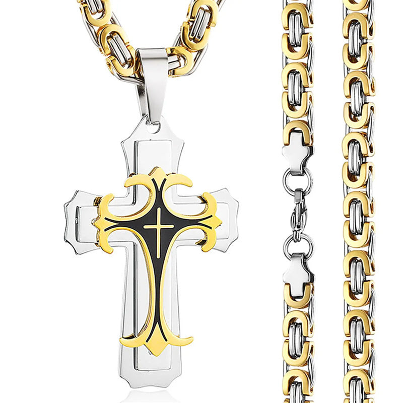Fashion Jewelry Christian Trinity Latin Cross Necklace For Men Stainless Steel Three Layers Cross Pendants Necklaces Jewelry Gift - KuzuSHOP