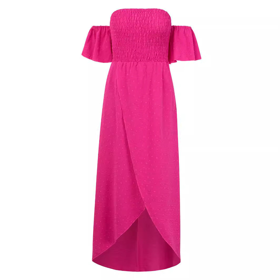 Sexy Off-shoulder Slit Dress Summer Fashion Pleated Ruffle Long Dresses For Beach Womens Clothing - KuzuSHOP
