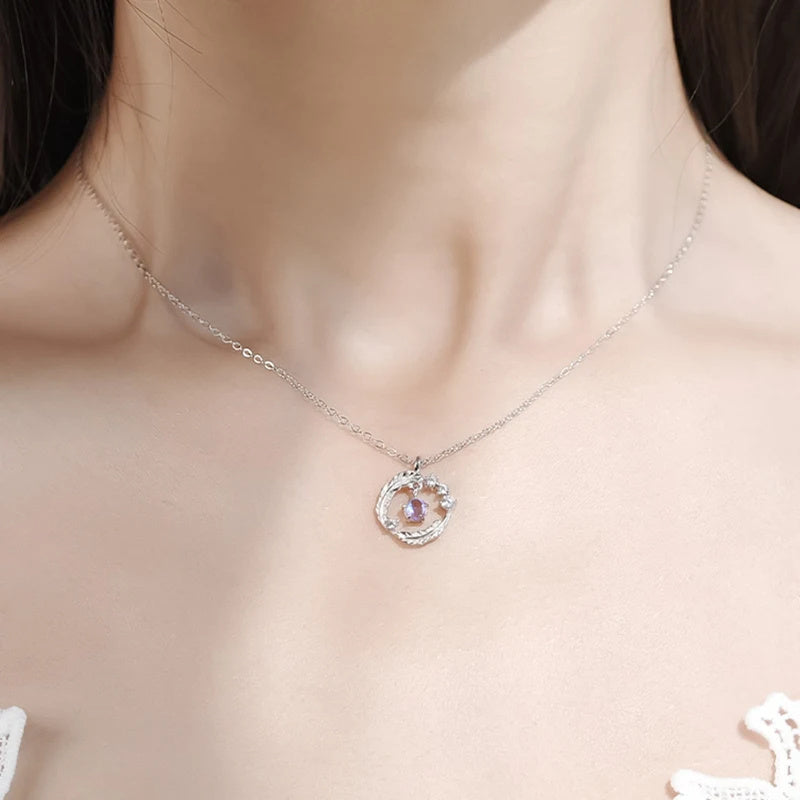 925 Silver Plated  Feather Shape Pendant Necklace Moonstone Round Bead Jewelry Choker Gift - KuzuSHOP