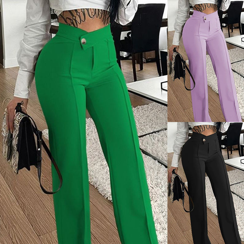 Slim Straight-leg Pants With Buckle Fashion Solid Color Trousers For Womens Clothing - KuzuSHOP