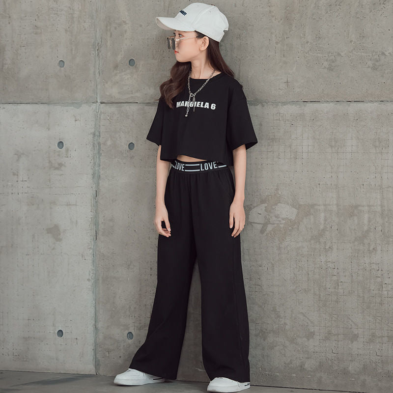 Summer New Medium And Large Children's Western Style Internet Celebrity Short Sleeve Wide Leg Pants Two-piece Set - KuzuSHOP
