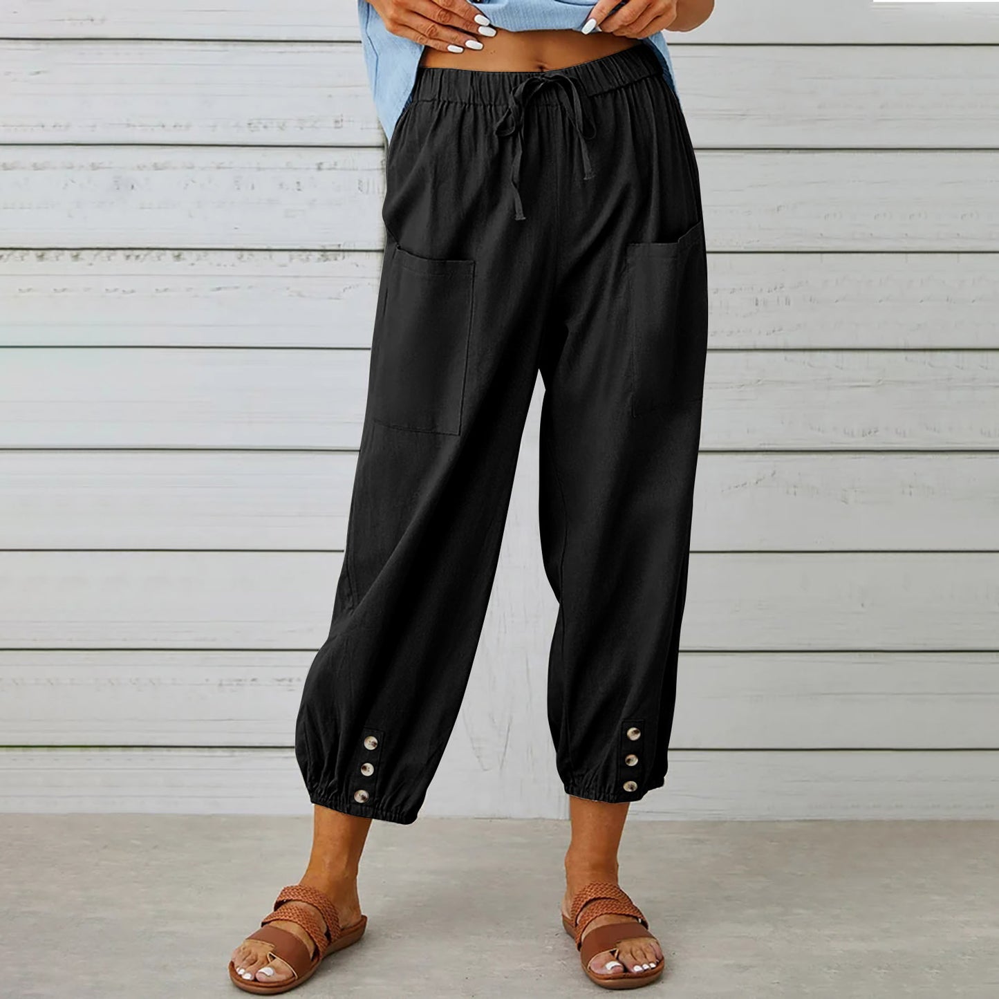 Women Drawstring Tie Pants Spring Summer Cotton And Linen Trousers With Pockets Button - KuzuSHOP