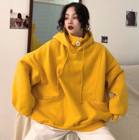 Hoodies Women Autumn Winter New Korean Style Student Loose Embroidered Simple Plus Velvet High Quality Soft Womens Clothing Chic - KuzuSHOP
