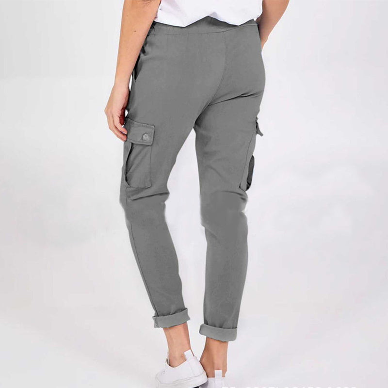 Casual Cargo Pants With Pockets Solid Color Drawstring Waist Pencil Trousers For Women - KuzuSHOP