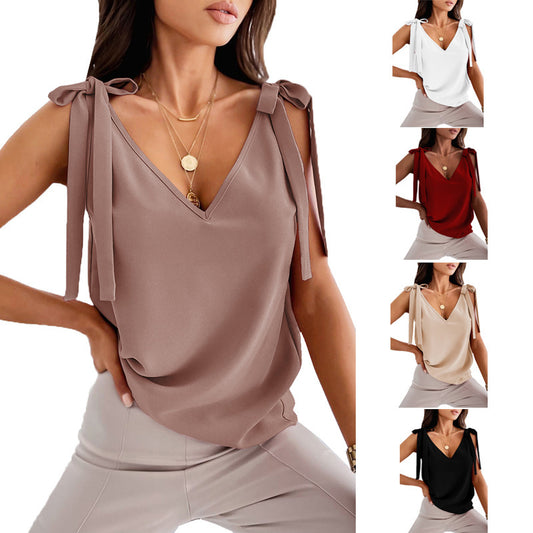 Bowknot Tie Up Camisole V-neck Shirts Women Summer Sleeveless Tank Tops - KuzuSHOP