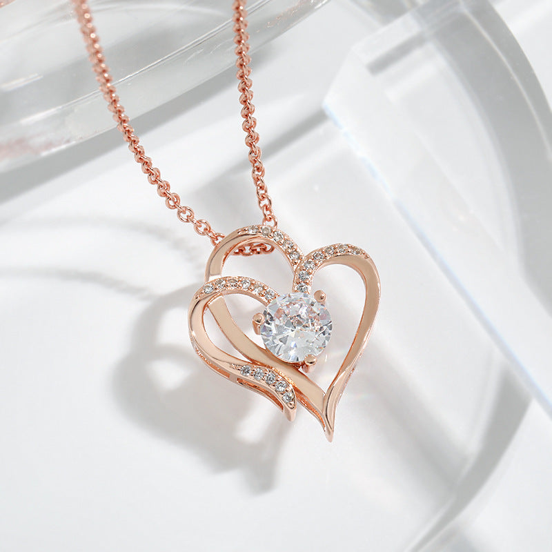 Zircon Double Love Necklace With Rhinestones Ins Personalized Heart-shaped Necklace Clavicle Chain Jewelry For Women Valentine's Day - KuzuSHOP