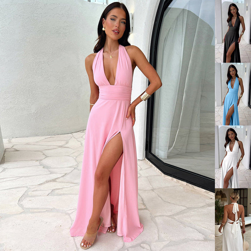 Sexy Halterneck V-neck Slit Dress Summer Backless Strappy Skirt Fashion Temperament Clothing Women - KuzuSHOP