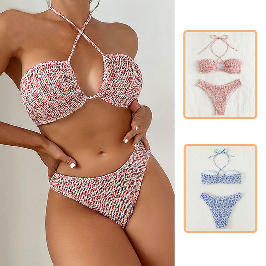 Summer Flowers Print Pleated Design Bikini Set Beach Fashion Halter Neck Swimsuit Womens Clothing - KuzuSHOP
