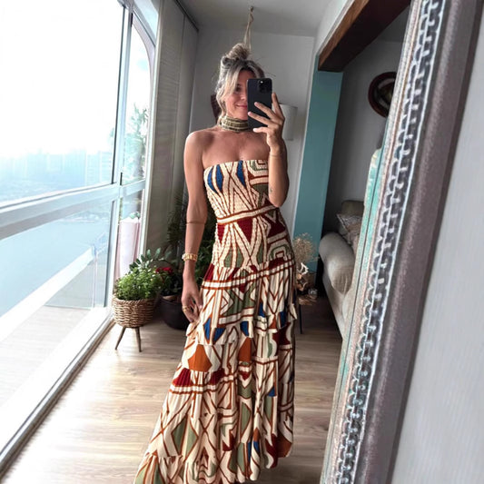 Women's Retro High Waist Printing Slip Dress - KuzuSHOP