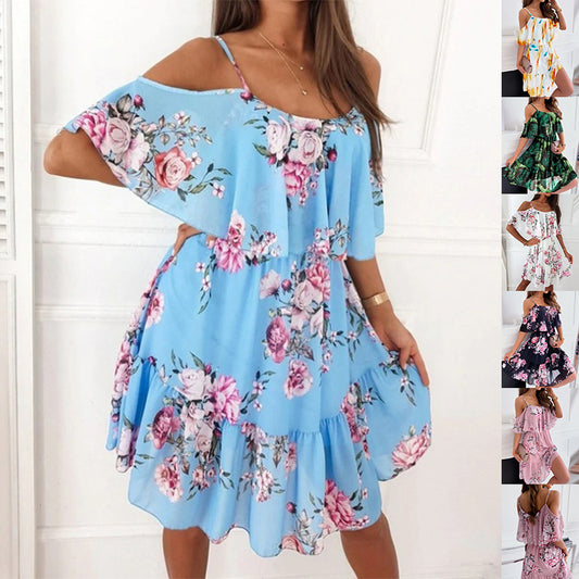 Flower Printed Ruffled Suspender Dress Summer Off-the-shoulder Strap Dresses Women - KuzuSHOP