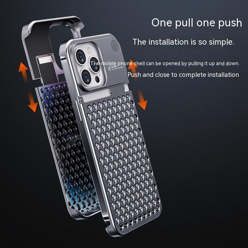 Aluminum Alloy Phone Case For 14 13 Pro Max Plus Hollow Heat Dissipation Anti-fall Full Body Shockproof Phone Cove - KuzuSHOP
