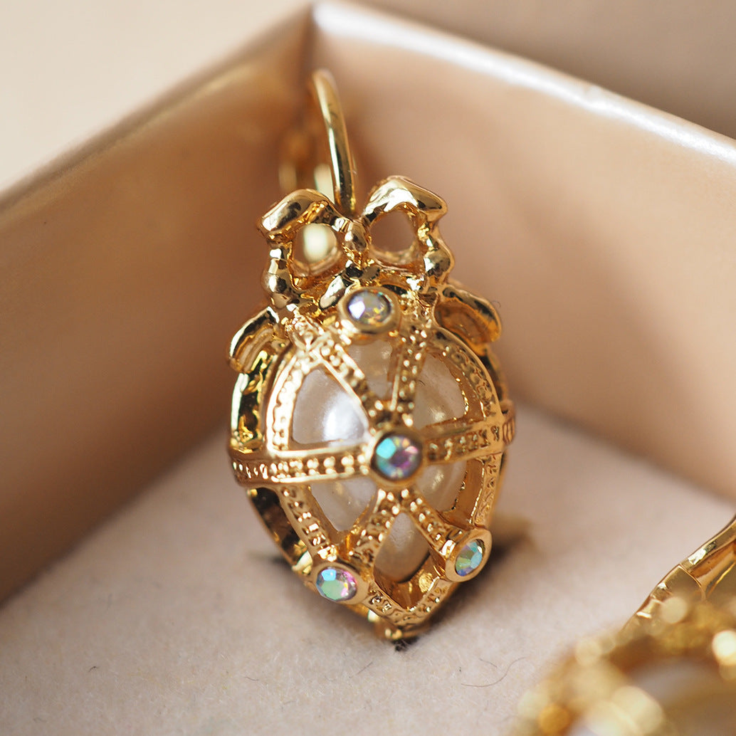 Vintage Easter Egg Bow Pendant Pearl Earrings Hollow Out - KuzuSHOP