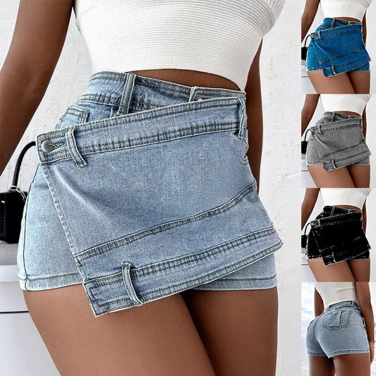 Y2K Street Vintage Denim Shorts Stretch Overlap Waist Wrap Solid Asymmetrical Hem A-Line Skinny Mini Skorts Skirt - KuzuSHOP