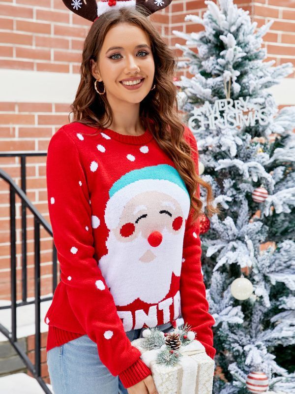 Women's Tops Santa Pullover Sweater Autumn And Winter Letter Embroidery Christmas Red Sweaters Long Sleeve Crew Neck Clothes - KuzuSHOP