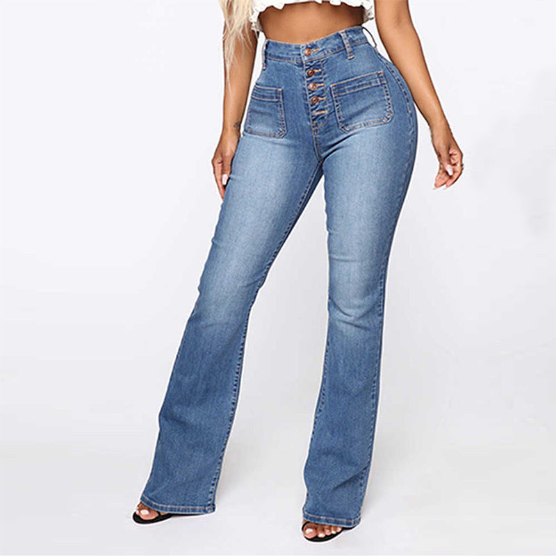 Plus Size Jeans Women Patch Pocket Washed Ladies High Waist Denim Trousers - KuzuSHOP