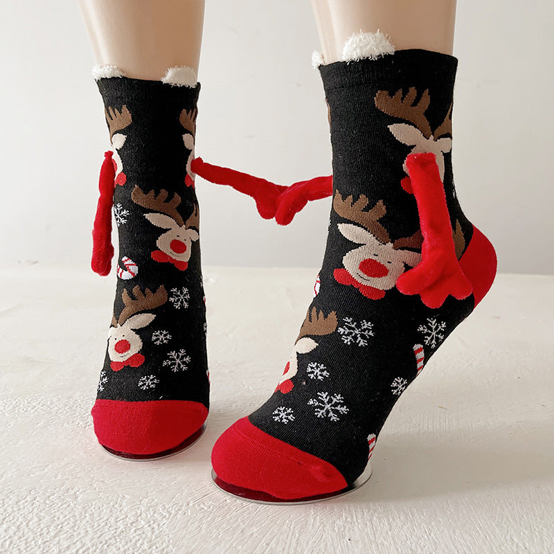 Christmas Magnetic Socks Cute Elk Santa Claus Snowman Hand-holding Socks For Couple - KuzuSHOP
