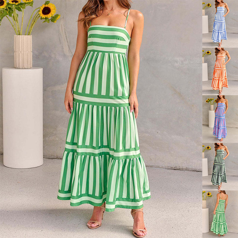 Summer Striped Printed Suspender Long Dress With Pockets Fashion Square Neck Backless Dresses For Beach Vacation Women Clothing - KuzuSHOP