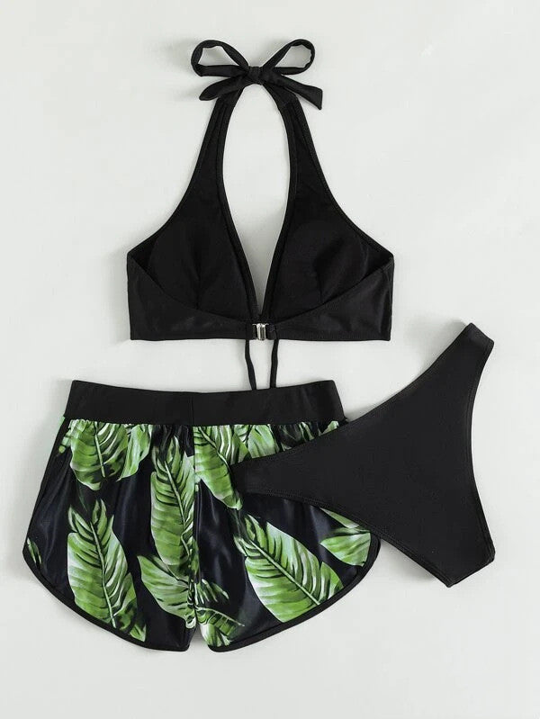 3pcs Leaf Print Bikini With Shorts Fashion Summer Beach Swimsuit Womens Clothing - KuzuSHOP