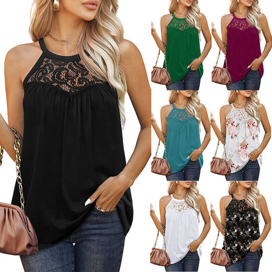 Womens Tank Tops Loose Fit Summer Lace Halter Tops Sleeveless Shirts - KuzuSHOP