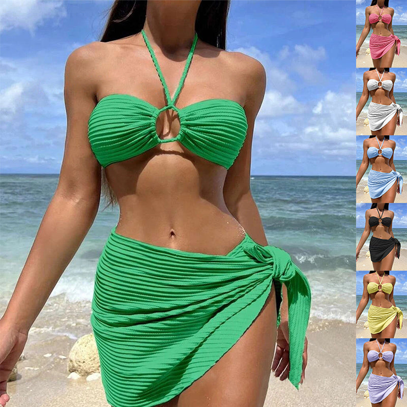 3pcs Solid Color Stripe Swimsuit Sexy Summer Beach Bikini Set Womens Clothing - KuzuSHOP