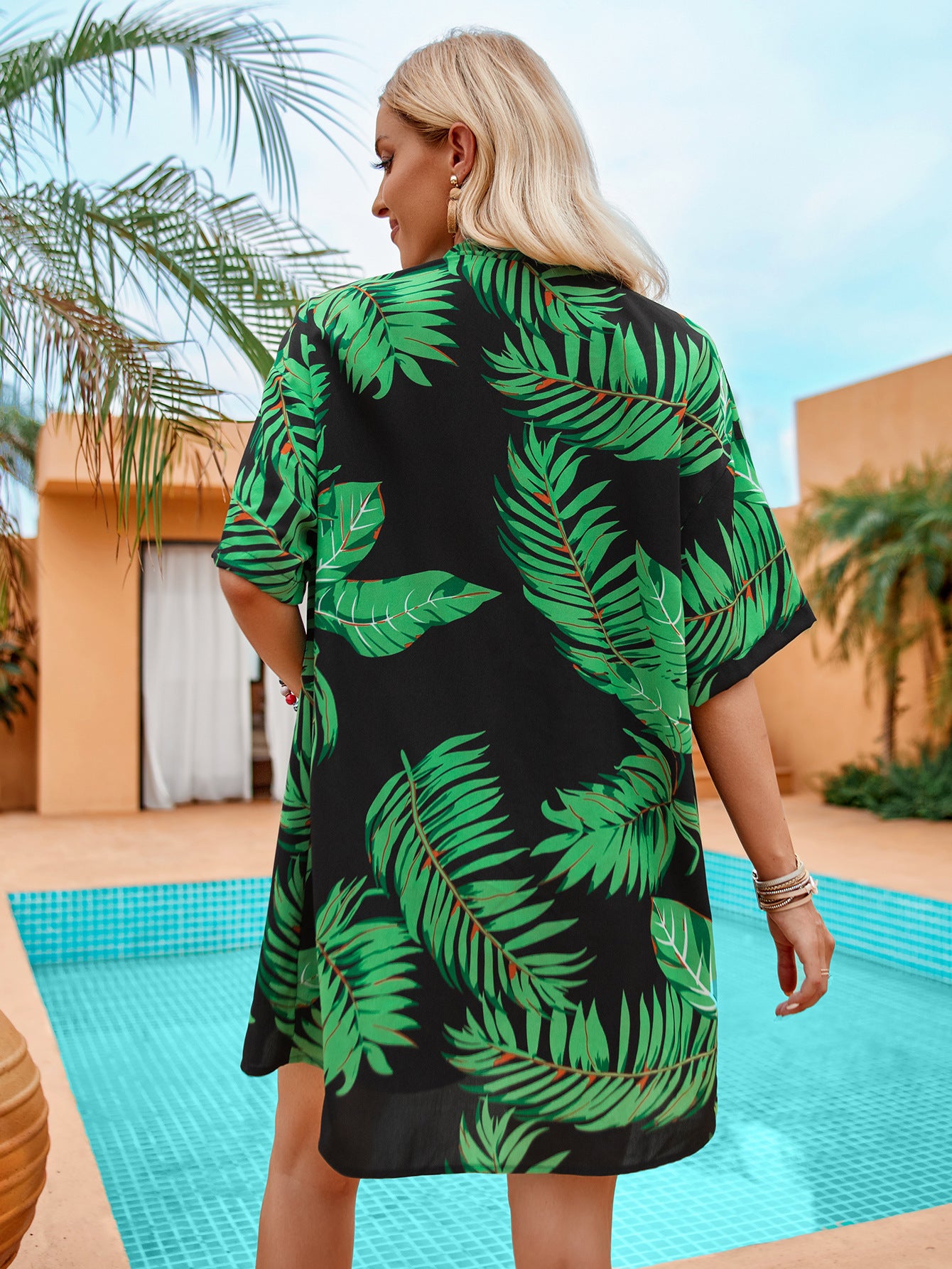 2pcs Casual Holiday Leaves Print Suit Summer Short Sleeve Shirt Top And Drawstring Shorts Sets For Womens Clothing - KuzuSHOP