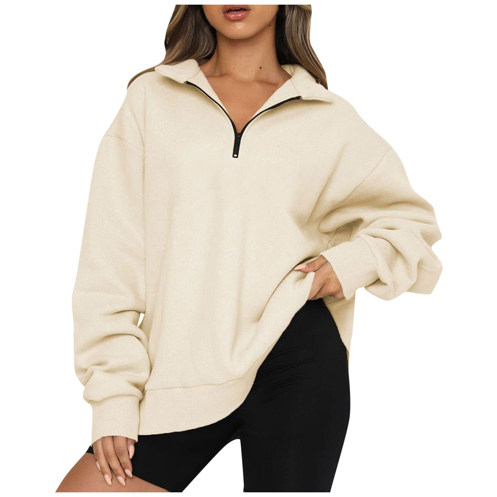Women Sweatshirts Zip Turndown Collar Loose Casual Tops Clothes - KuzuSHOP