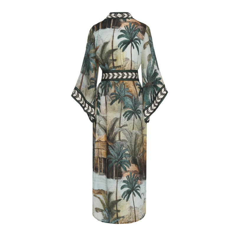 Beach Cardigan Long Sleeve Sun Protection Lace-up Printing Long Beach Wear Dress Leisure Fashion Loose Sexy Bikini Cover Up - KuzuSHOP