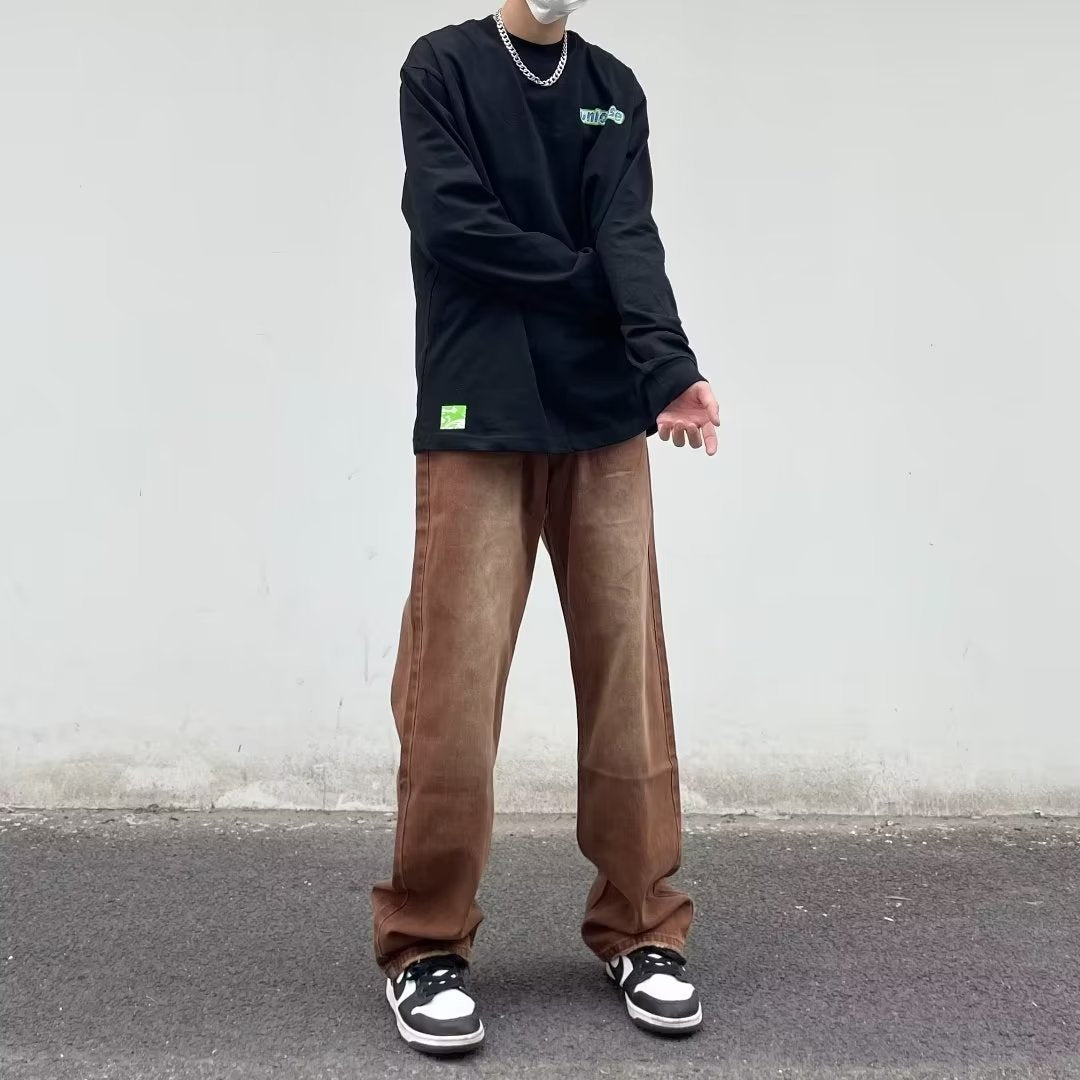 National Fashion Retro Worn Looking Washed-out Jeans - KuzuSHOP