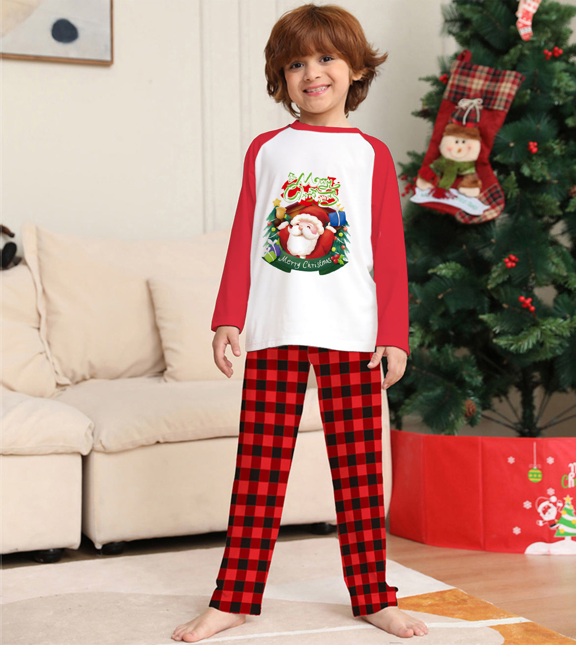 Christmas Parent-Child Clothes Set Long Sleeve T-Shirt Plaid Pants Family Matching Pajamas - KuzuSHOP