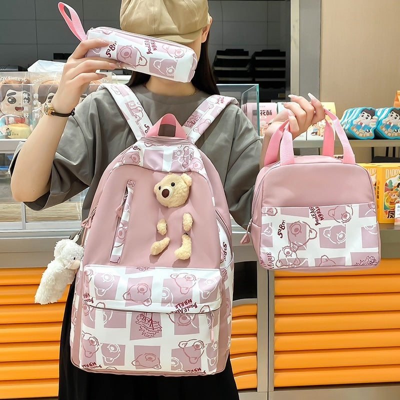 Elementary And Middle School Student Schoolbags Women's Cute Bear Lunch Box Three-piece Set - KuzuSHOP