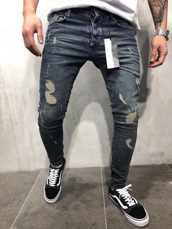 Customized models Europe and the United States high street tide men's hole jeans stretch large size pants slim pants Biker jeans - KuzuSHOP