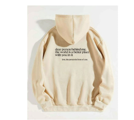 Dear Person Behind Me,the World Is A Better Place,with You In It,love,the Person In Front Of You ,Sweatshirt Letter Slogan Printed Kangaroo Pocket Drawstring - KuzuSHOP