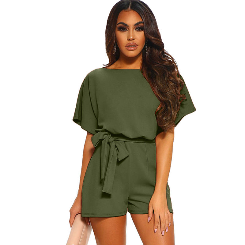 Women's Round Neck Short-sleeved Lace-up Jumpsuit - KuzuSHOP