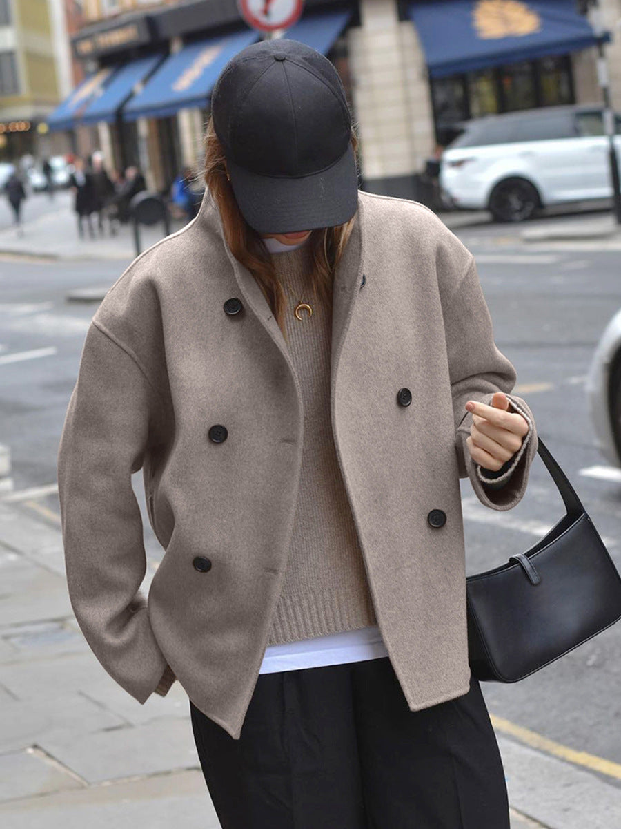 Designed Brown Double-breasted Woolen Coat For Women Winter Thickened Woolen Coat - KuzuSHOP