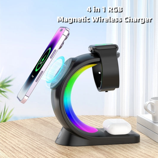 4 In 1 Magnetic Wireless Charger Fast Charging For Smart Phone Atmosphere Light Charging Station For Airpods Pro I-phone Watch - KuzuSHOP