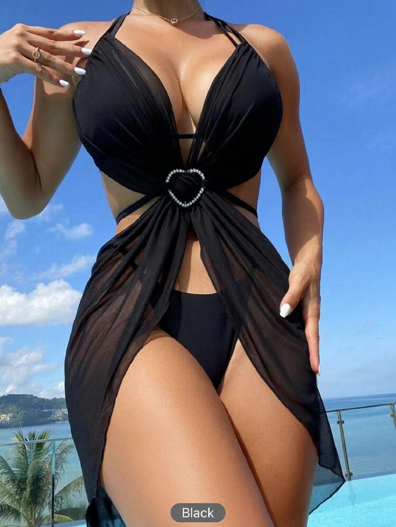 3pcs Halter Neck Bikini Beach Summer Solid Color Split Swimsuit Womens Clothing - KuzuSHOP