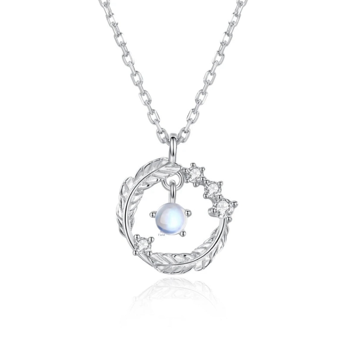 925 Silver Plated  Feather Shape Pendant Necklace Moonstone Round Bead Jewelry Choker Gift - KuzuSHOP