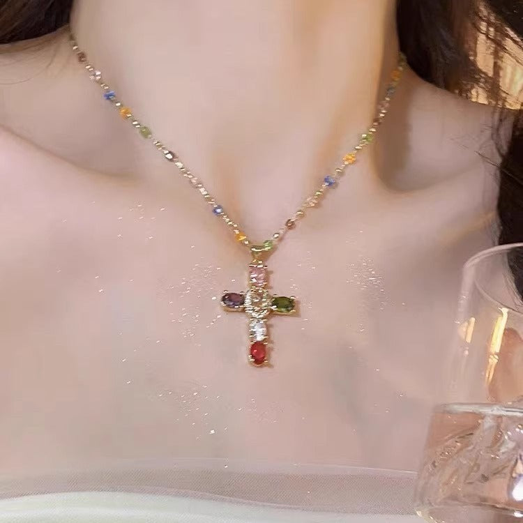 Color Zircon Cross Necklace Clavicle Chain - KuzuSHOP