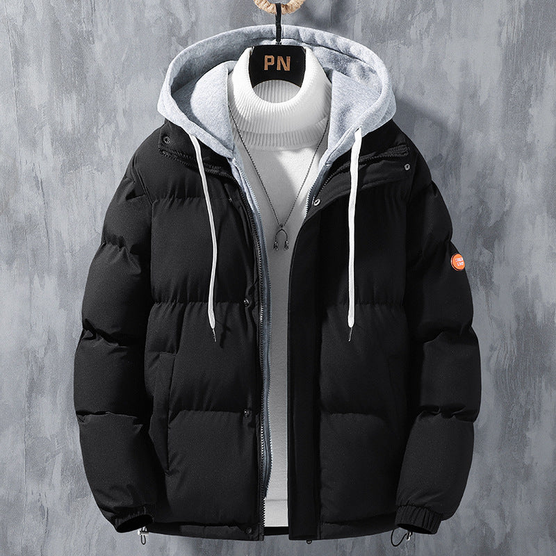 Fashion Hooded Jacket Men Winter Windproof Thickened Fake Two-piece Coat Solid Leisure Sports Cotton Jacket - KuzuSHOP