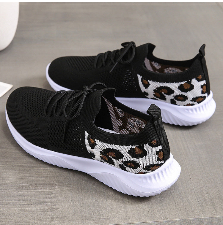 White Shoes Women Leopard Print Lace-up Sneakers Sports - KuzuSHOP