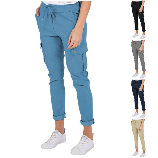 Casual Cargo Pants With Pockets Solid Color Drawstring Waist Pencil Trousers For Women - KuzuSHOP
