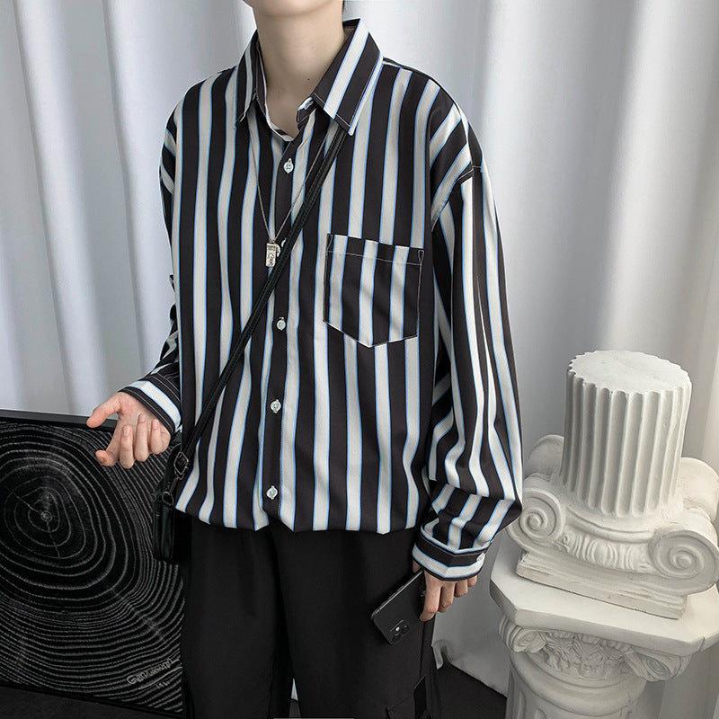 Hong Kong Style Color Block Striped Long-sleeved Shirt - KuzuSHOP